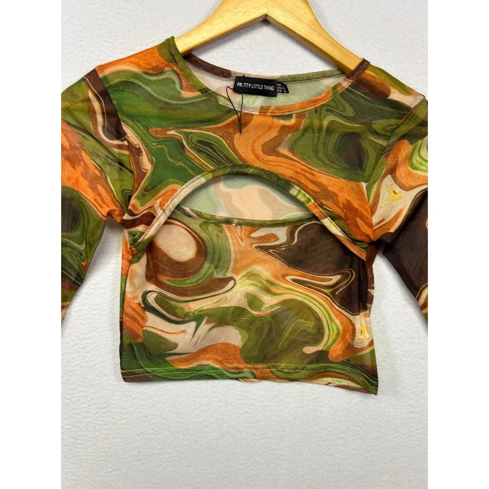 PrettyLittleThing Marble Mesh Cutout Festival Womens 4 Green Orange Crop Top